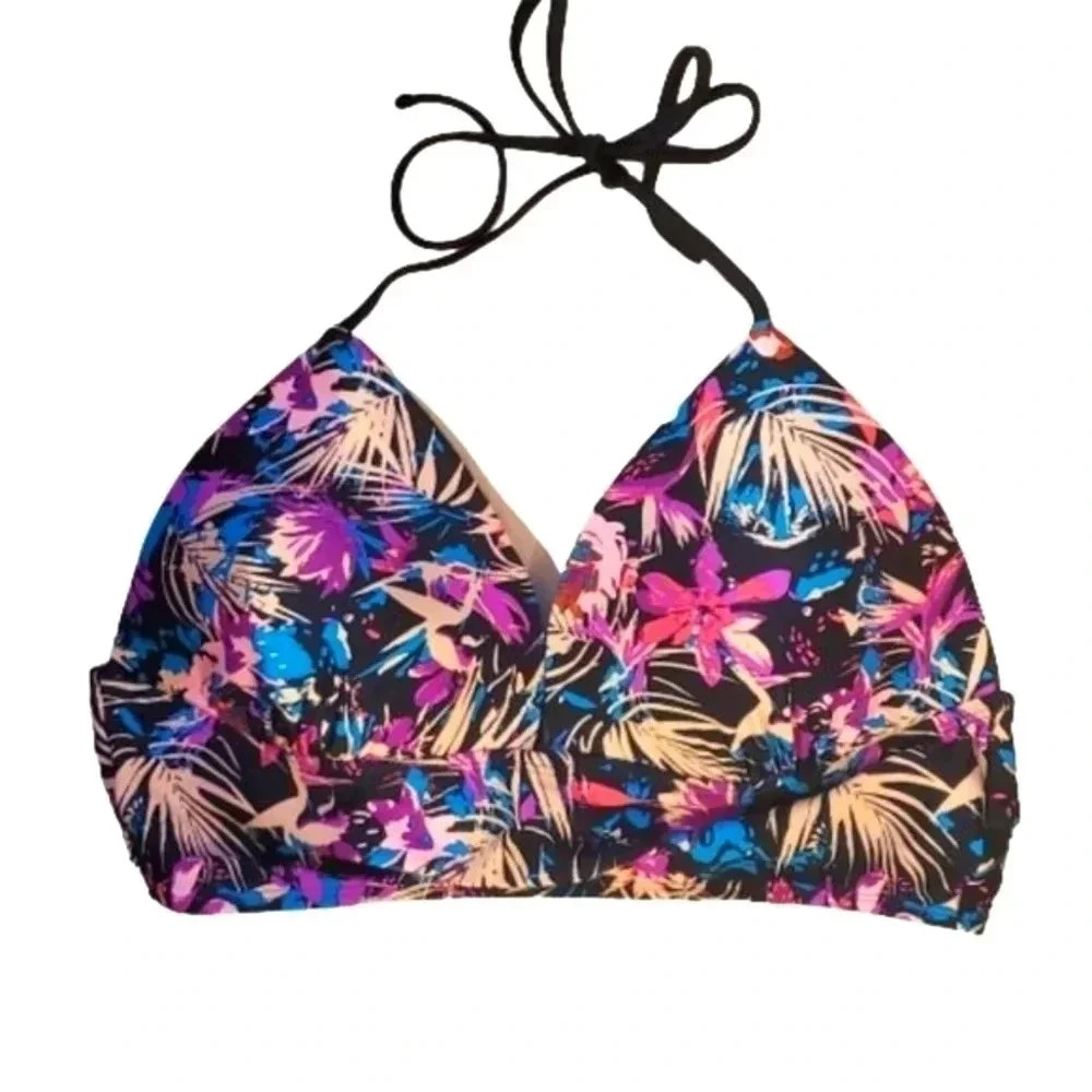 NWOT Hoola Honey pink and blue floral on black bikini top Size XL